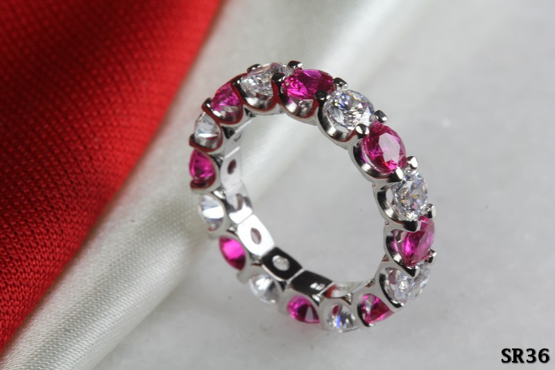 Hot Pink CZ And White Round Silver 925 Eternity Ring Anniversary Band