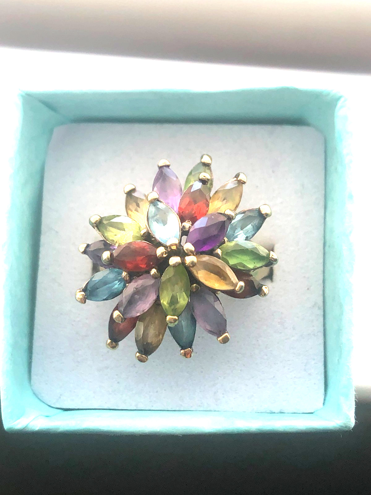 PAJ 925 Sterling gold Vermeil Multi Gemstone Flower Cocktail Ring Size 8