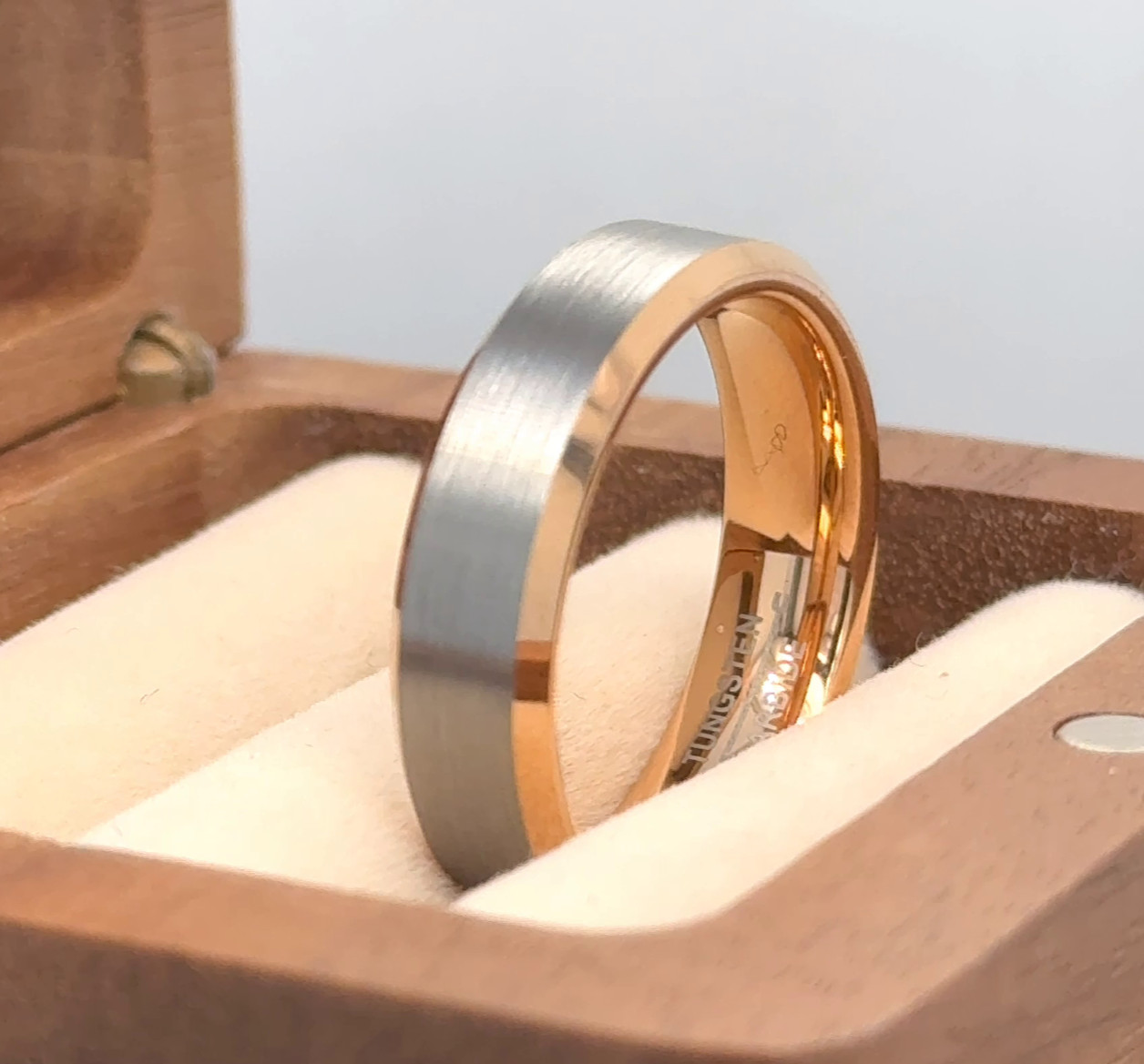 Silver & Rose Gold Tungsten Couple Ring – Elegant Two Tone Engagement Band