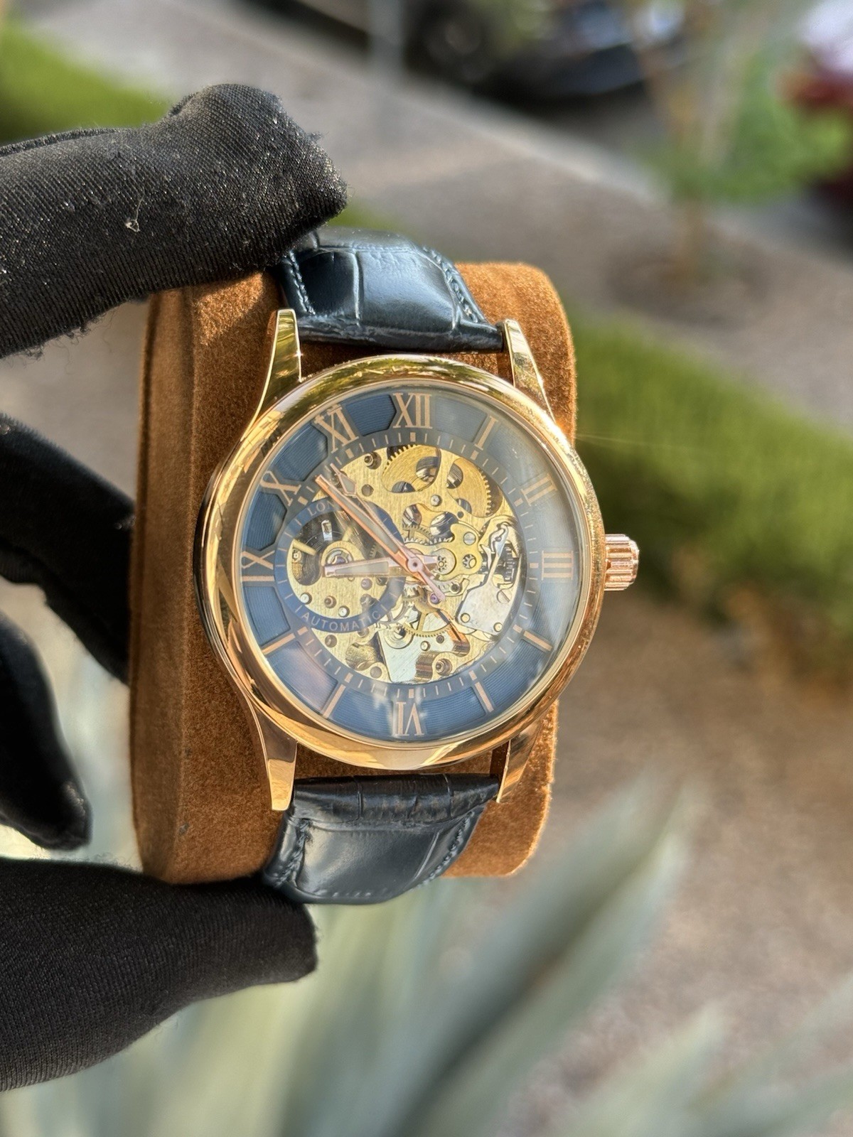 Longlux Automatic Skeleton Men’s Watch Gold Tone Blue Dial 42mm 3ATM Leather