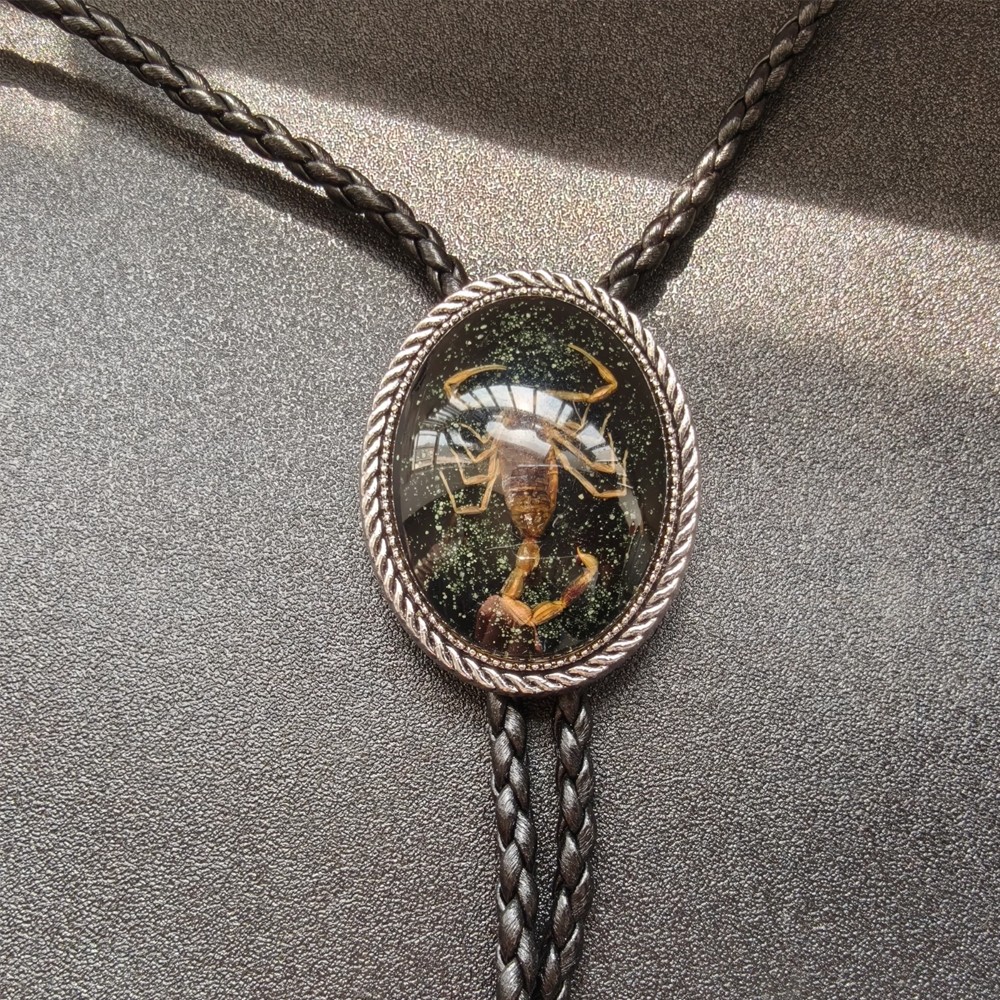 Faux Leather Western Gothic Wedding Necklace Necktie – Black Scorpion Bolo Tie