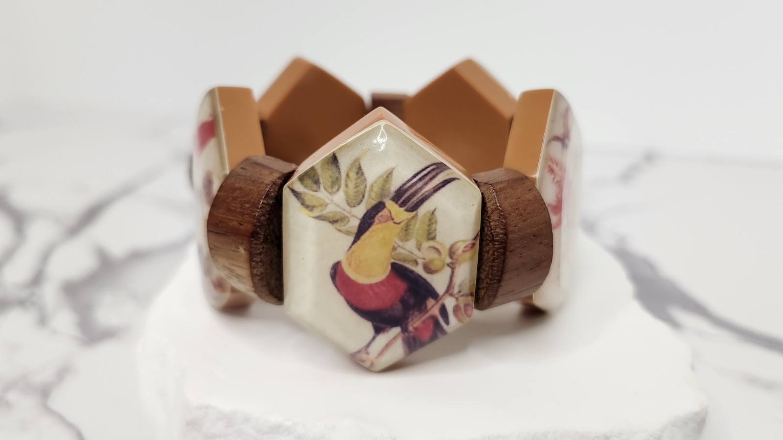Boho Tropical Wooden Hexagon Tile Bracelet Acrylic Resin Bird Print Statement