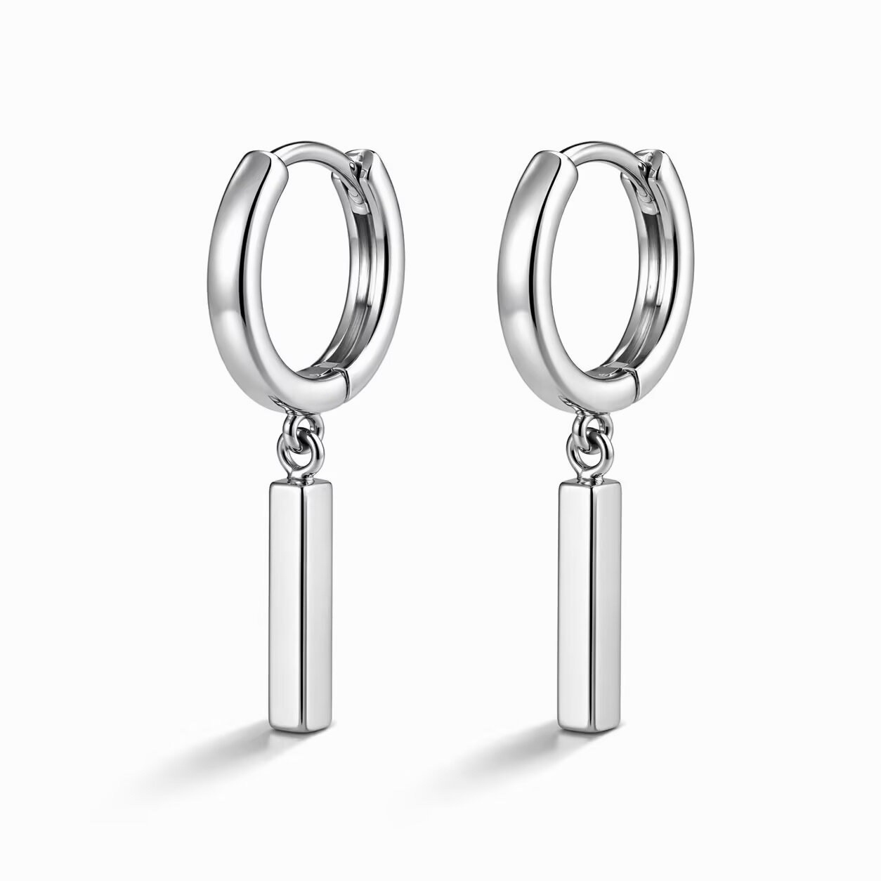 925 Silver Dangle Bar Huggie Hoop Earrings Dainty 11mm Small Drop Earrings 052