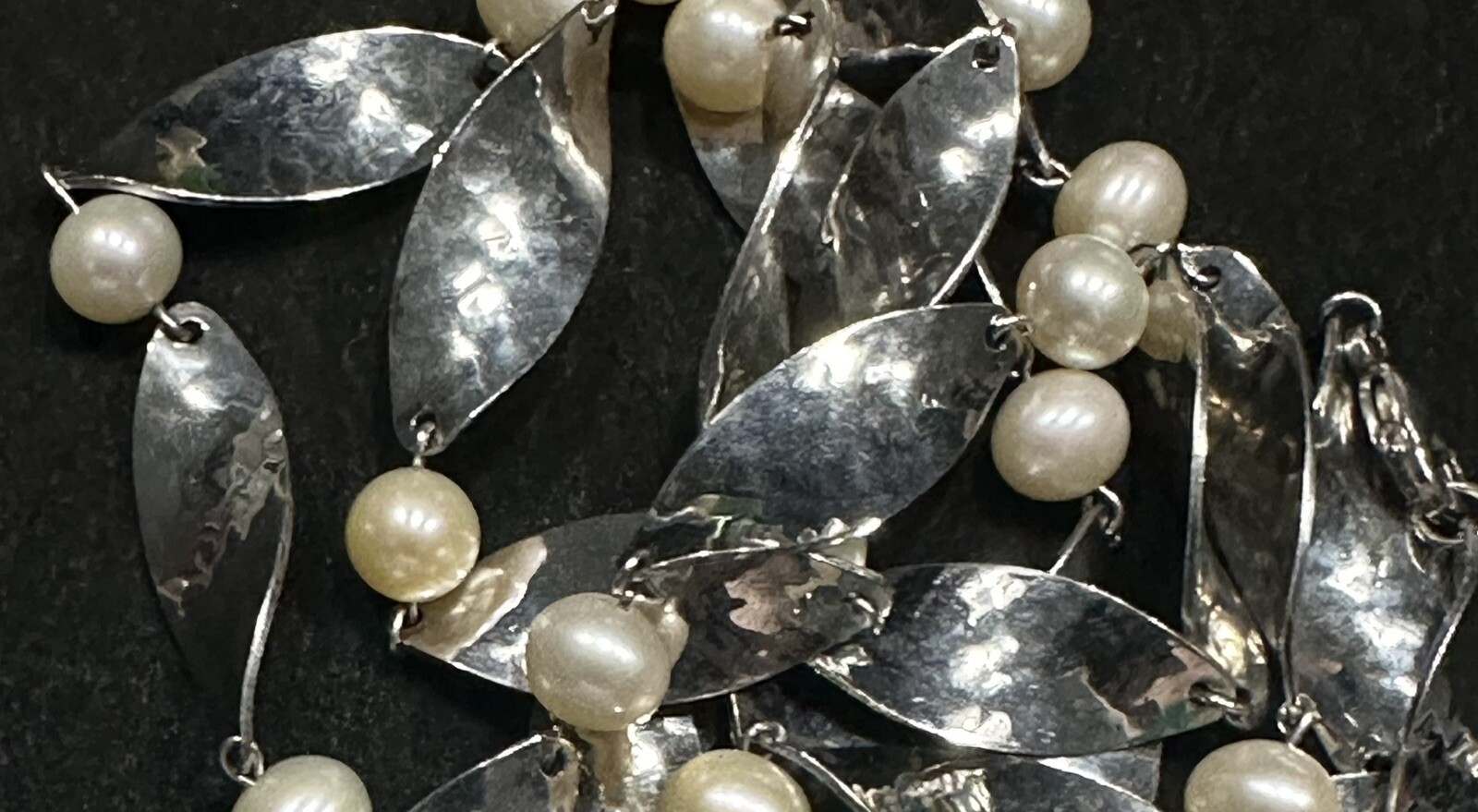 Faux Pearl & Silver Tone Hammered Beads Necklace – 36” Long – Lightweight