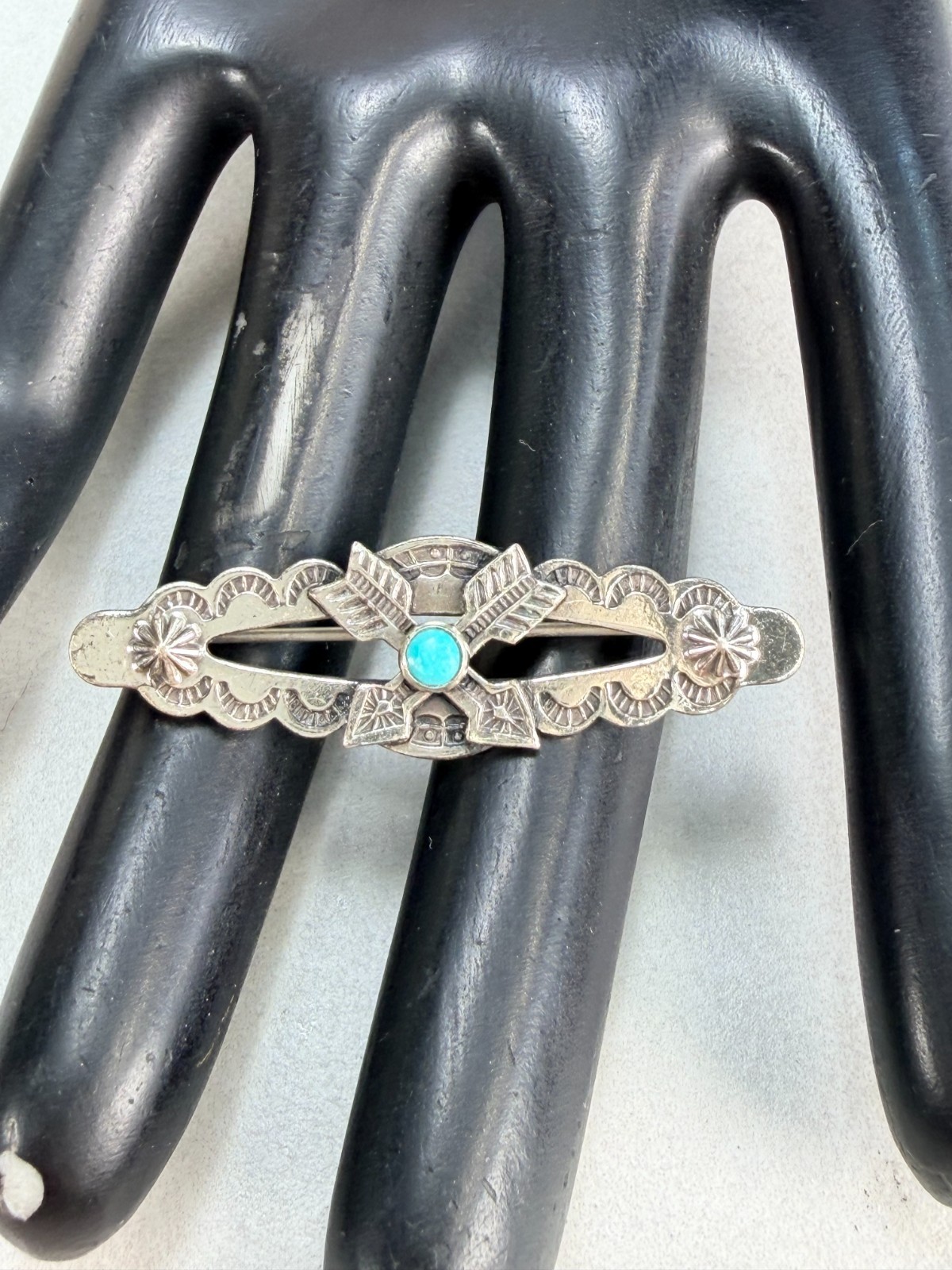Vintage Sterling Silver Native American Turquoise Bar Brooch Western Pin
