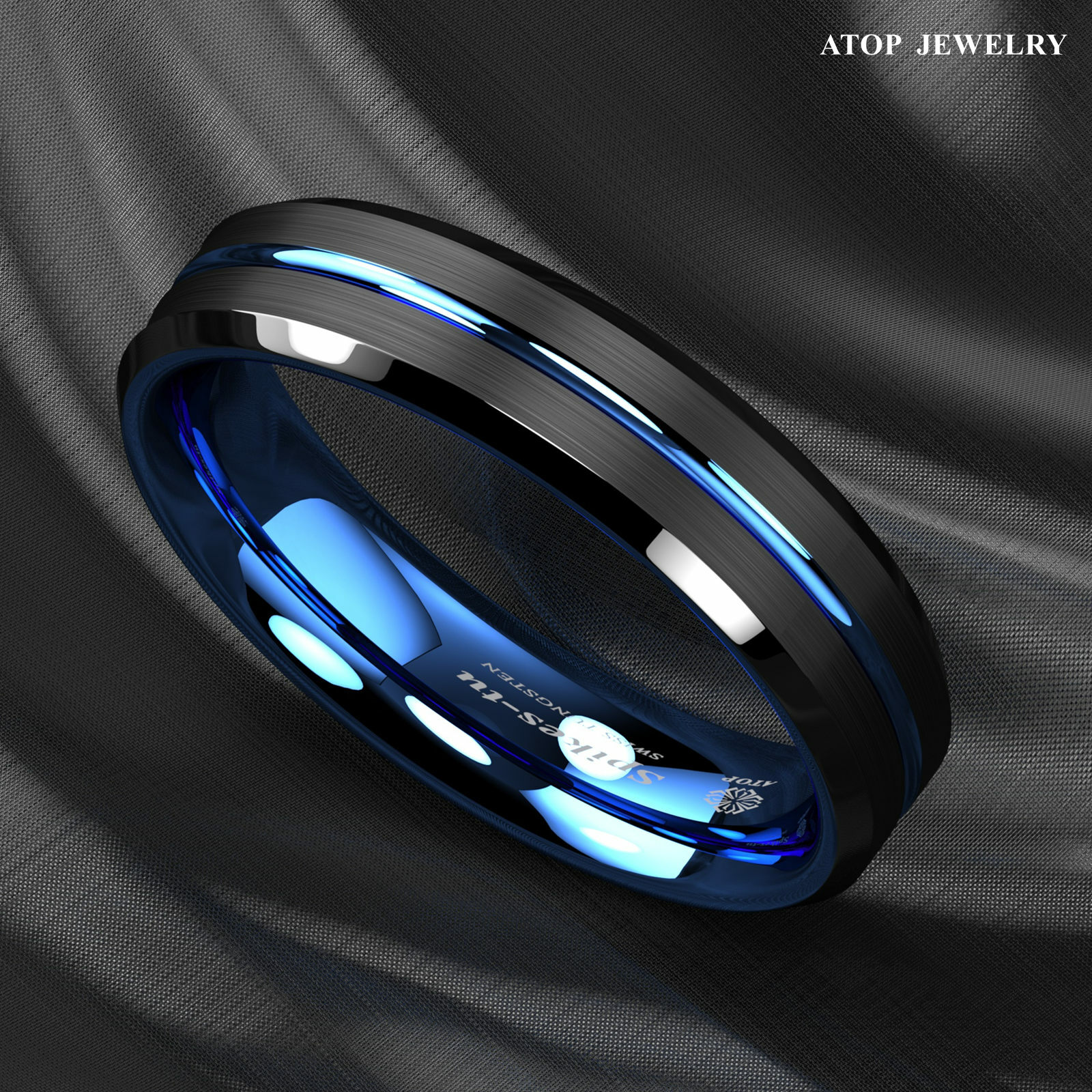 8/6mm Tungsten Men’s Ring Thin Blue Line-Inside Black Brushed Band ATOP Jewelry