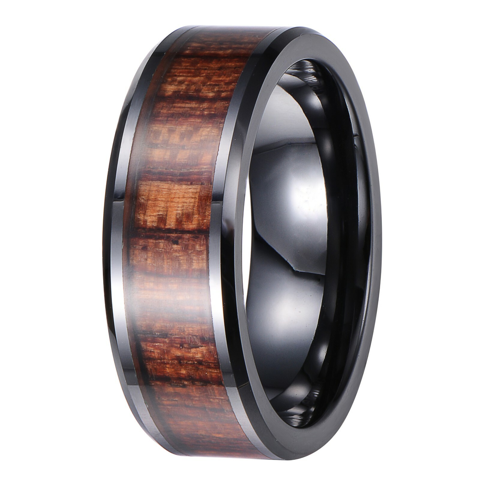 Tungsten Carbide Ring Black Silver Real Koa Wood Inlay Hawaiian Wedding Band