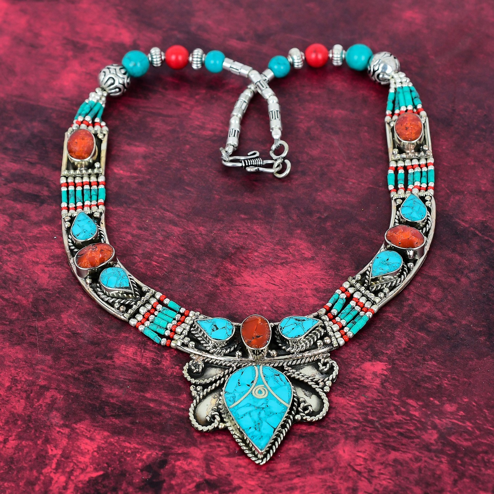 Turquoise Gemstone Handmade 925 Sterling Silver Tribal Nepali Jewelry Necklace