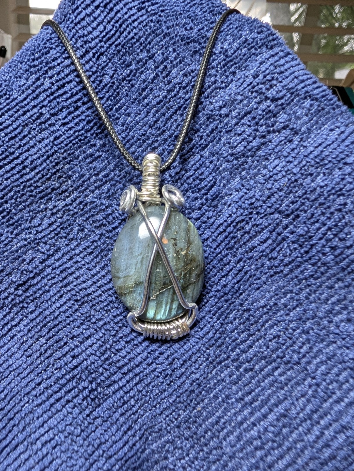 Wire Wrapped Oval Labradorite Pendant Necklace, Silver Tone Snake Chain