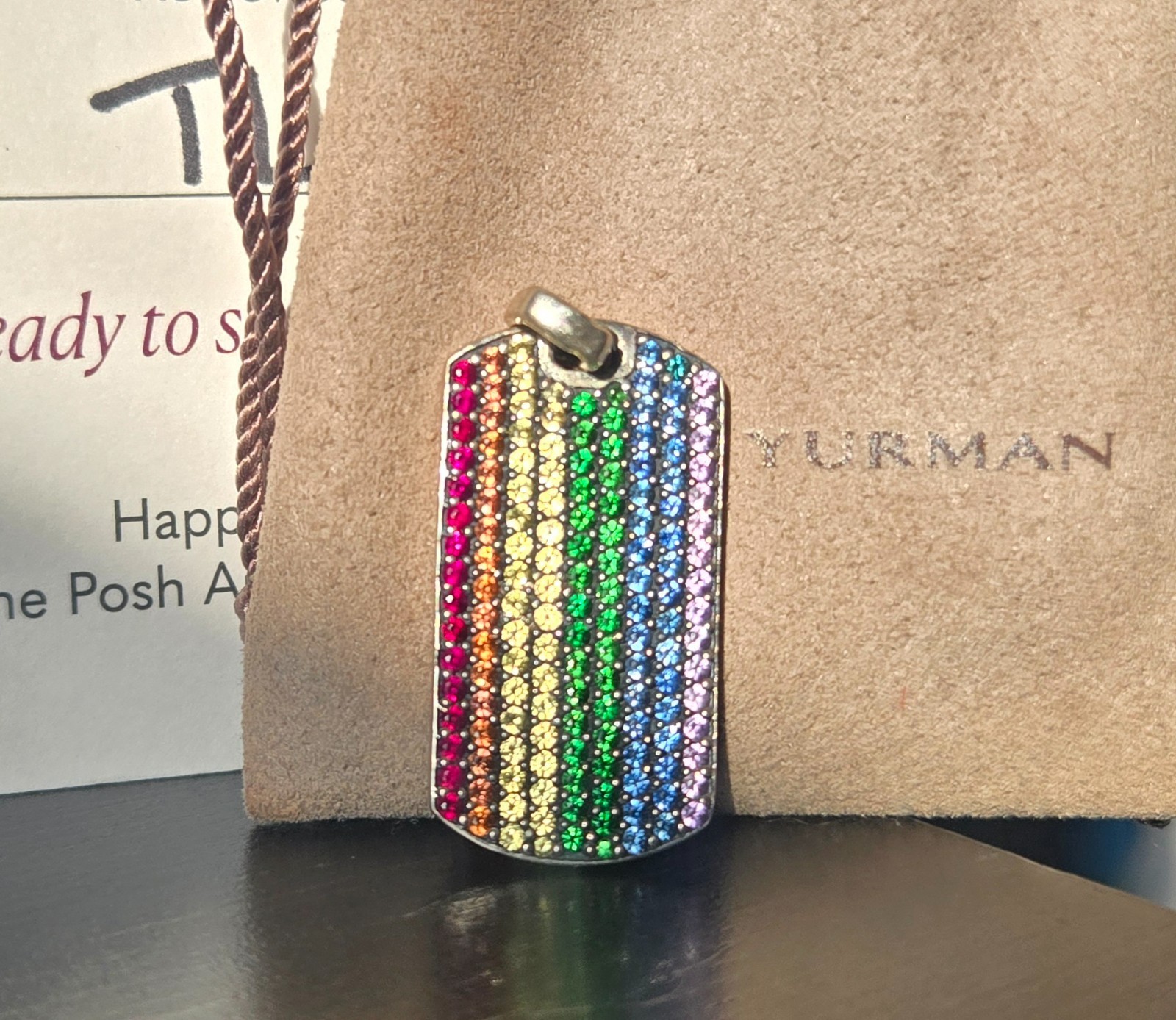 David Yurman Chevron Rainbow Dog Tag Pendant (35mm) Sterling Rainbow Pave 4.53ct