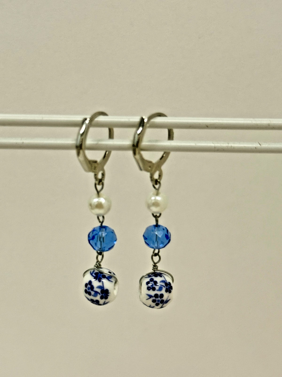 NEW Blue White Ceramic Round Bead & Silver Color Drop Earrings – Handcrafted