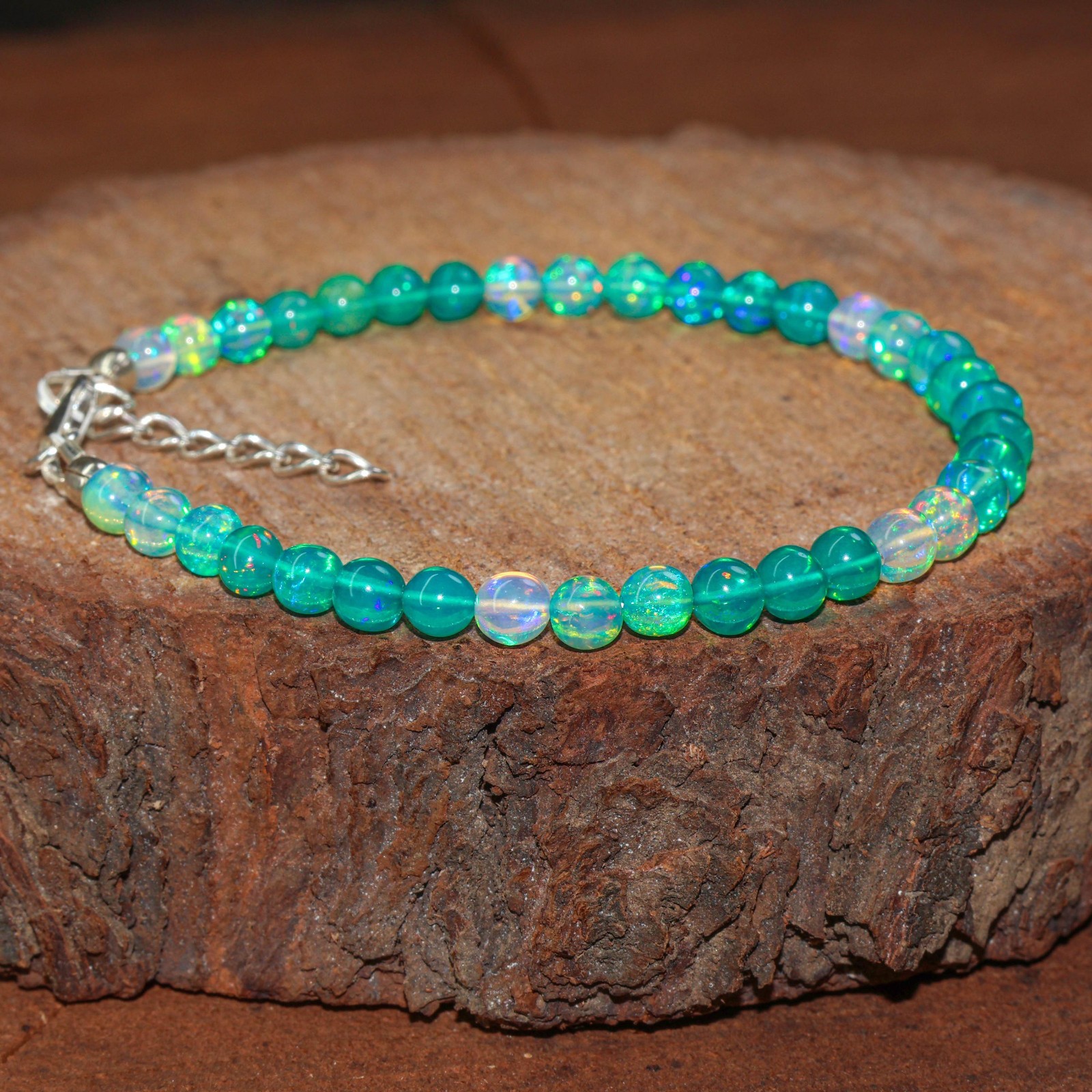 Shaded Green Opal Gemstone Round Beads Bracelet, Ethiopian Fire Opal Bracelet