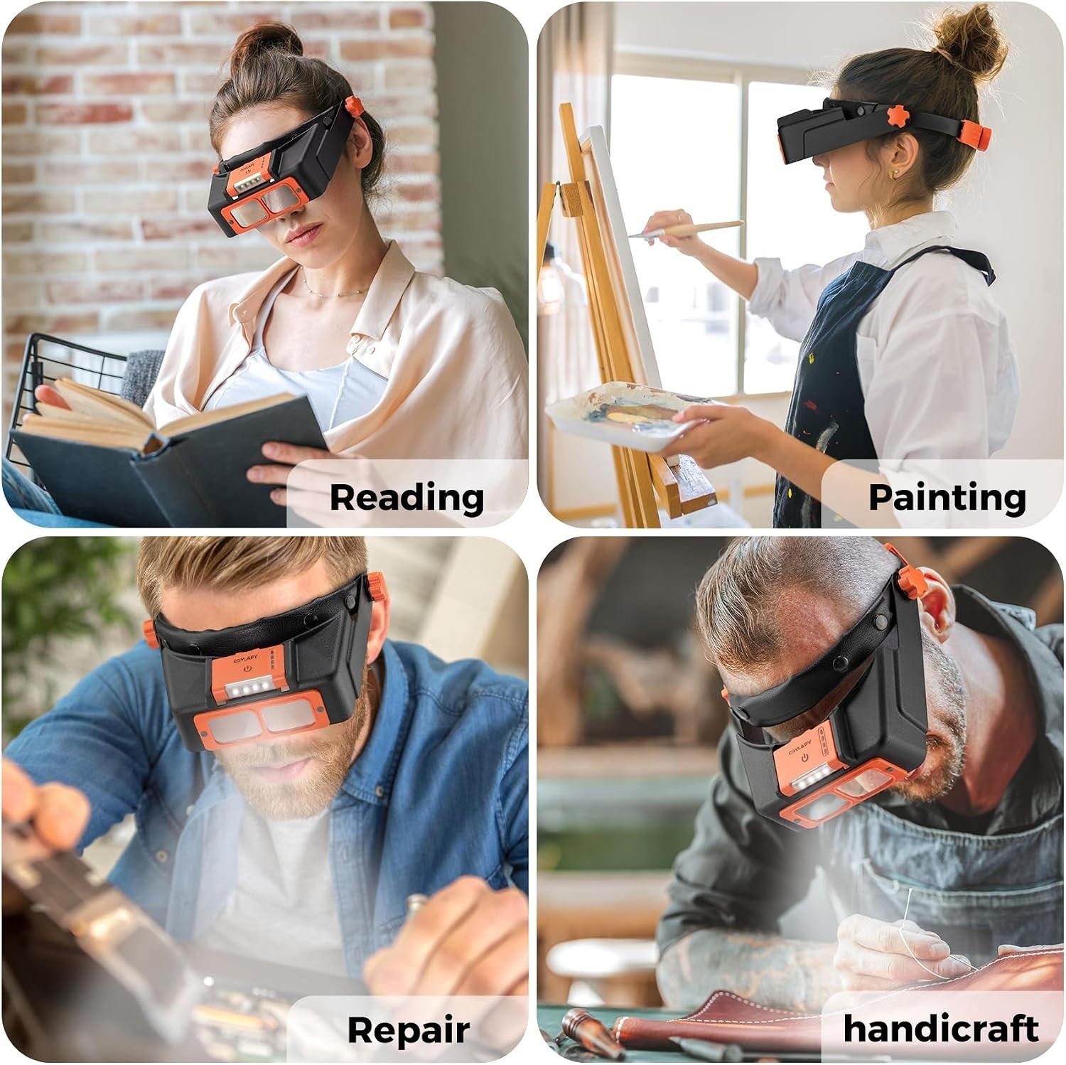 Rechargeable Headband Magnifier with LED Light & 4 Lenses (1.5X-3.5X)