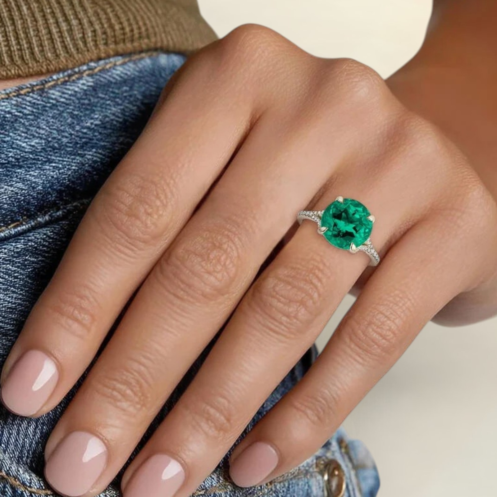 3.30 Ct Round Cut Lab Created Green Emerald Diamond Engagement Ring 950 Platinum