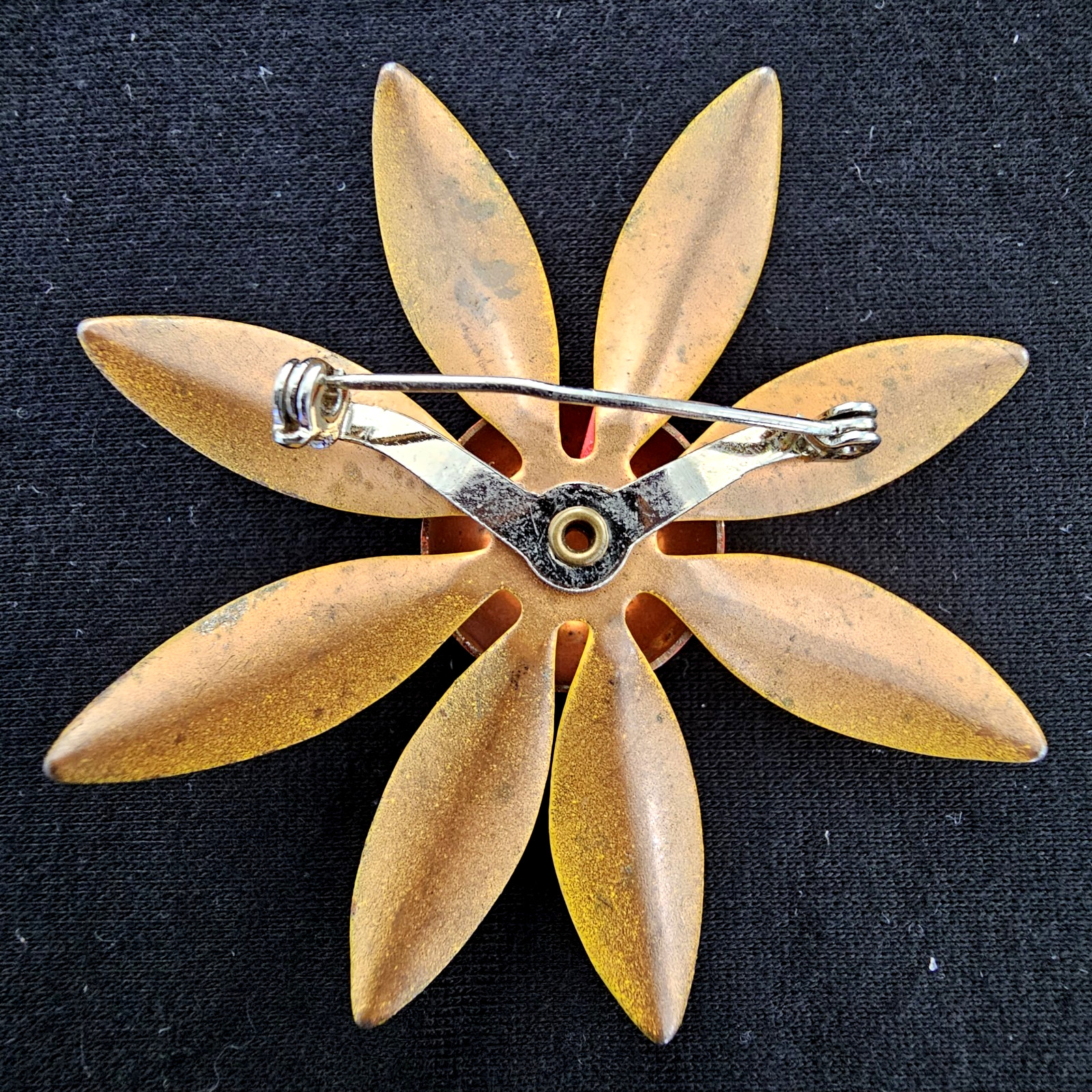 Vintage Yellow Orange Enamel Daisy Flower Brooch Pin 2.5″ Mod 60s Retro
