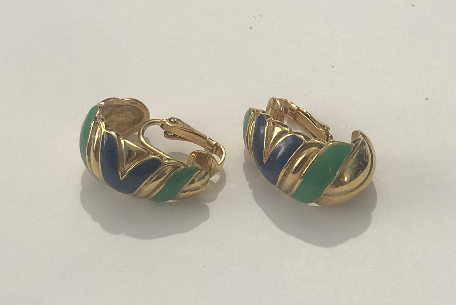 Vintage Blue Green Gold Clip On Earrings Costume Jewelry