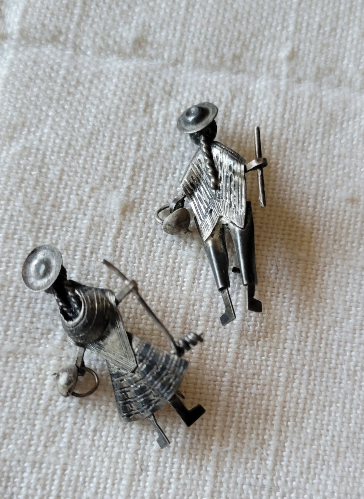 Vintage Native Hand Crafted Silver Metal Pins male female basket staff Peruvian