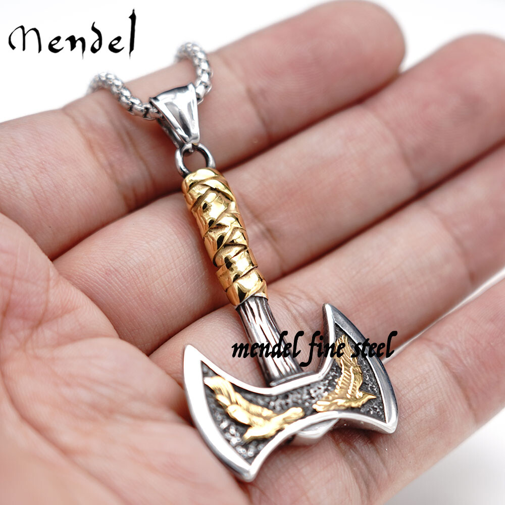 MENDEL Mens Gold Plated Nordic Viking Raven Axe Pendant Necklace Stainless Steel