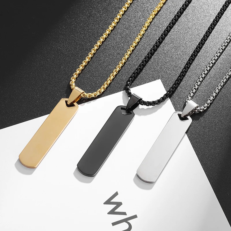 Stainless Steel Glossy Engravable Rectangular Pendant Necklace for Men Fashion S