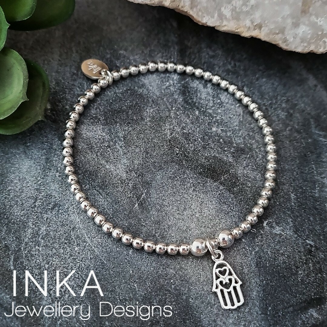 Inka 925 Sterling Silver stretch beaded Stacking Bracelet and Hamsa Hand charm
