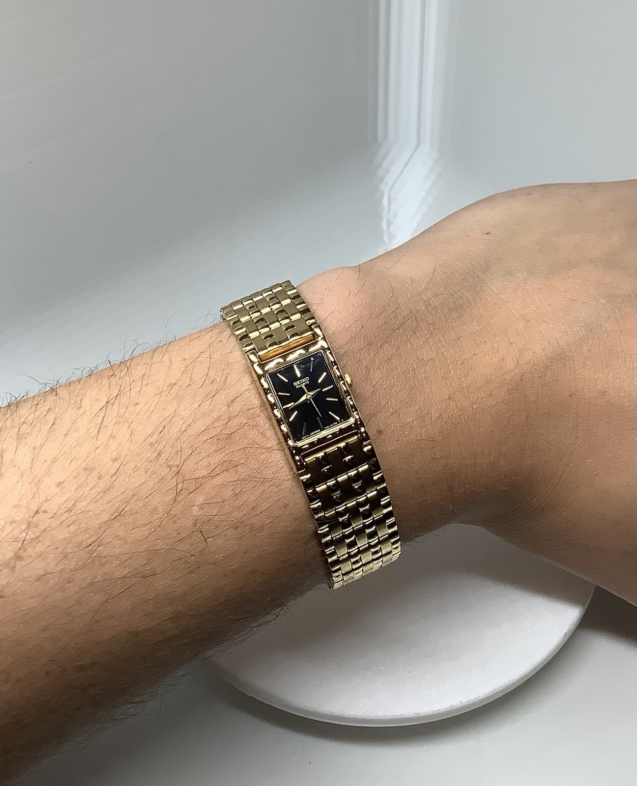 Seiko Tank Women’s Gold Tone Rectangular Black Dial Quartz Metal Bracelet Watch