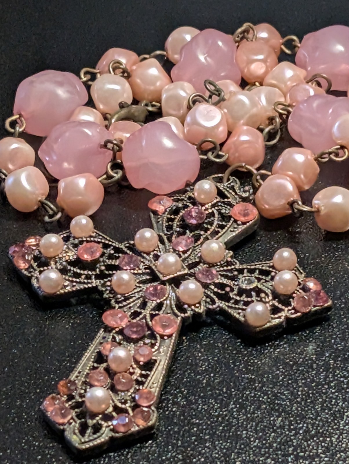 Bijoux Terner Pink Pearl Bead Cross Pendant Necklace Rhinestone Antique Bronze