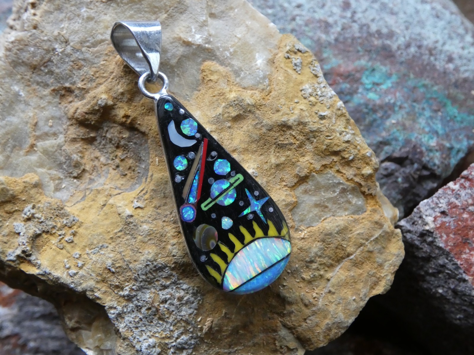 Sun Planets Night Sky Gemstone Opal Aluminum Sterling Silver Alloy Pendant AT2