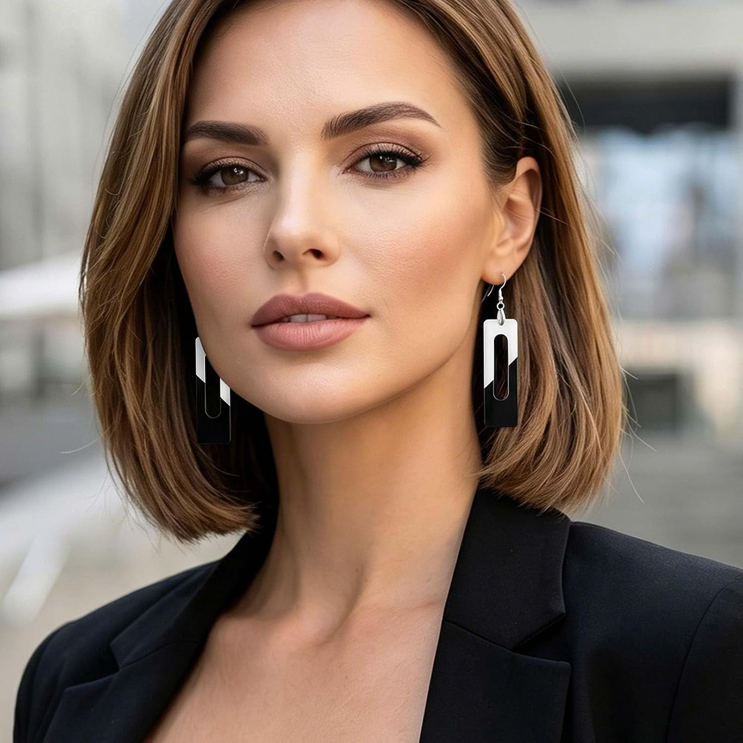 Black White Drop Earrings for Women Rectangle Hollow Geometric Long Dangle Earri