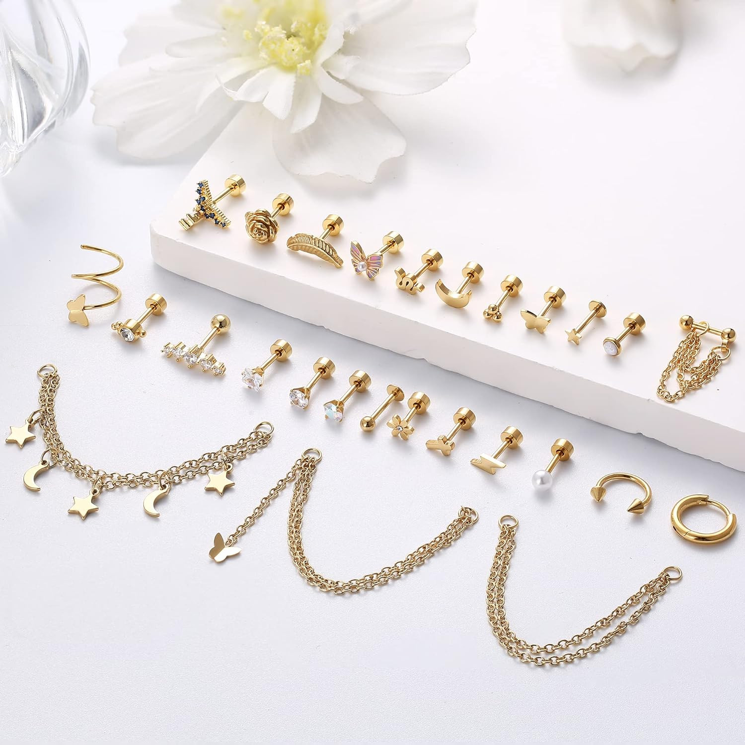 27Pcs Flat Back Earrings Hypoallergenic Surgical Steel Stud Earring Stacks Set D