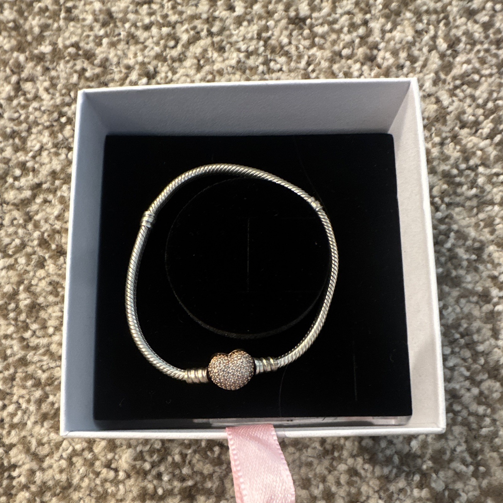PANDORA 925 Sterling Silver Snake Chain Bangle Bracelet Pavé CZ Barrel Clasp