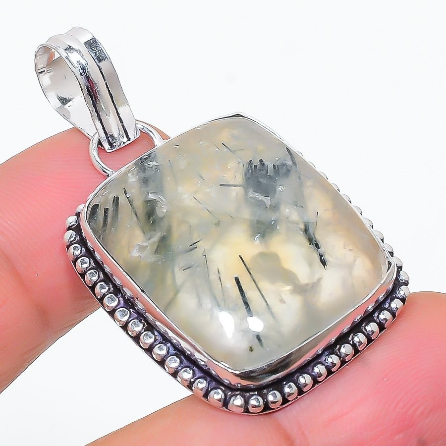 Prehnite Gemstone Handmade 925 Sterling Silver Jewelry Pendant 1.69″ d771