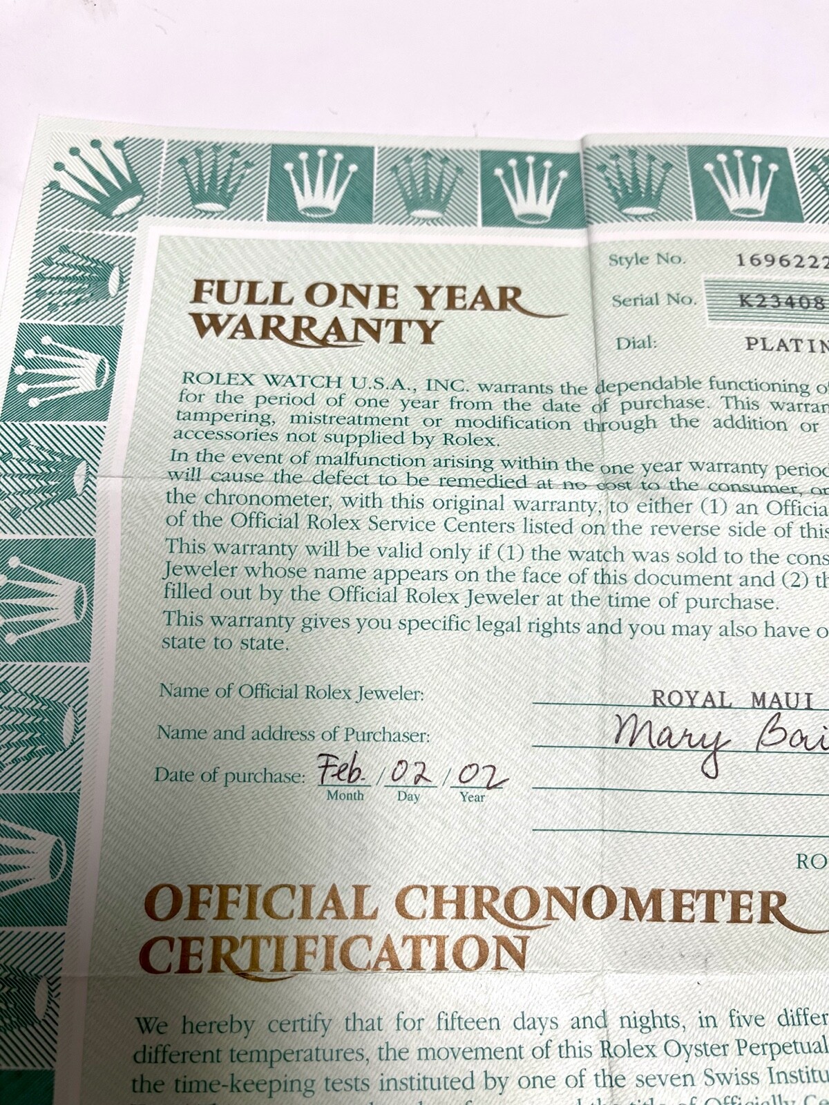 Rolex full one year warranty certificate For Ref 16962