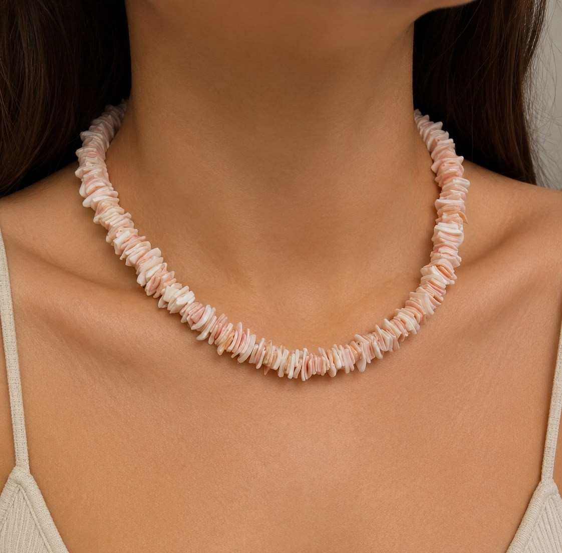Vintage Pink Mother of Pearl Shell Chip Necklace 16.5” Natural Beach Jewelry