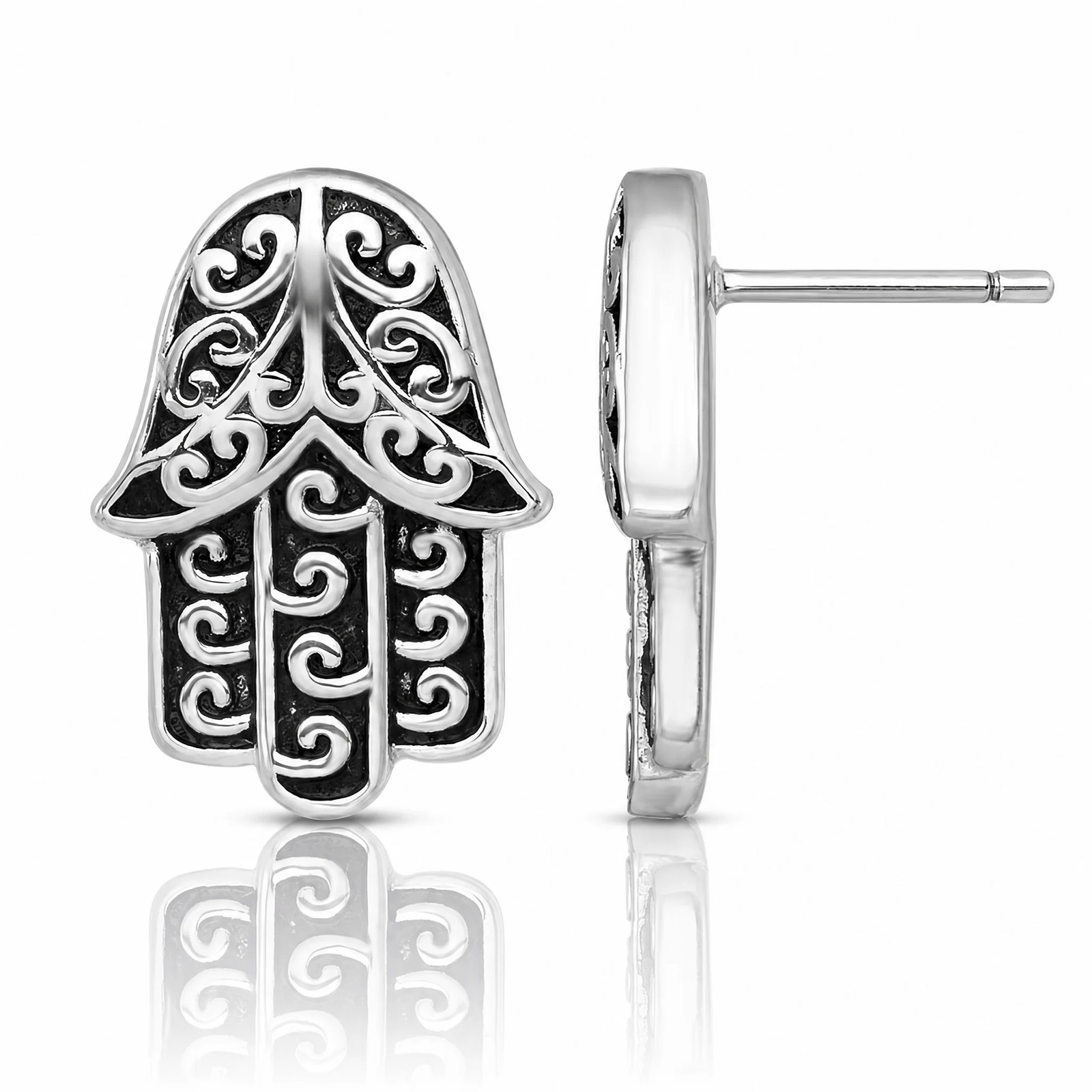 Sterling Silver RH-Plated Polished/Oxidized Filigree Hamsa Post Earrings