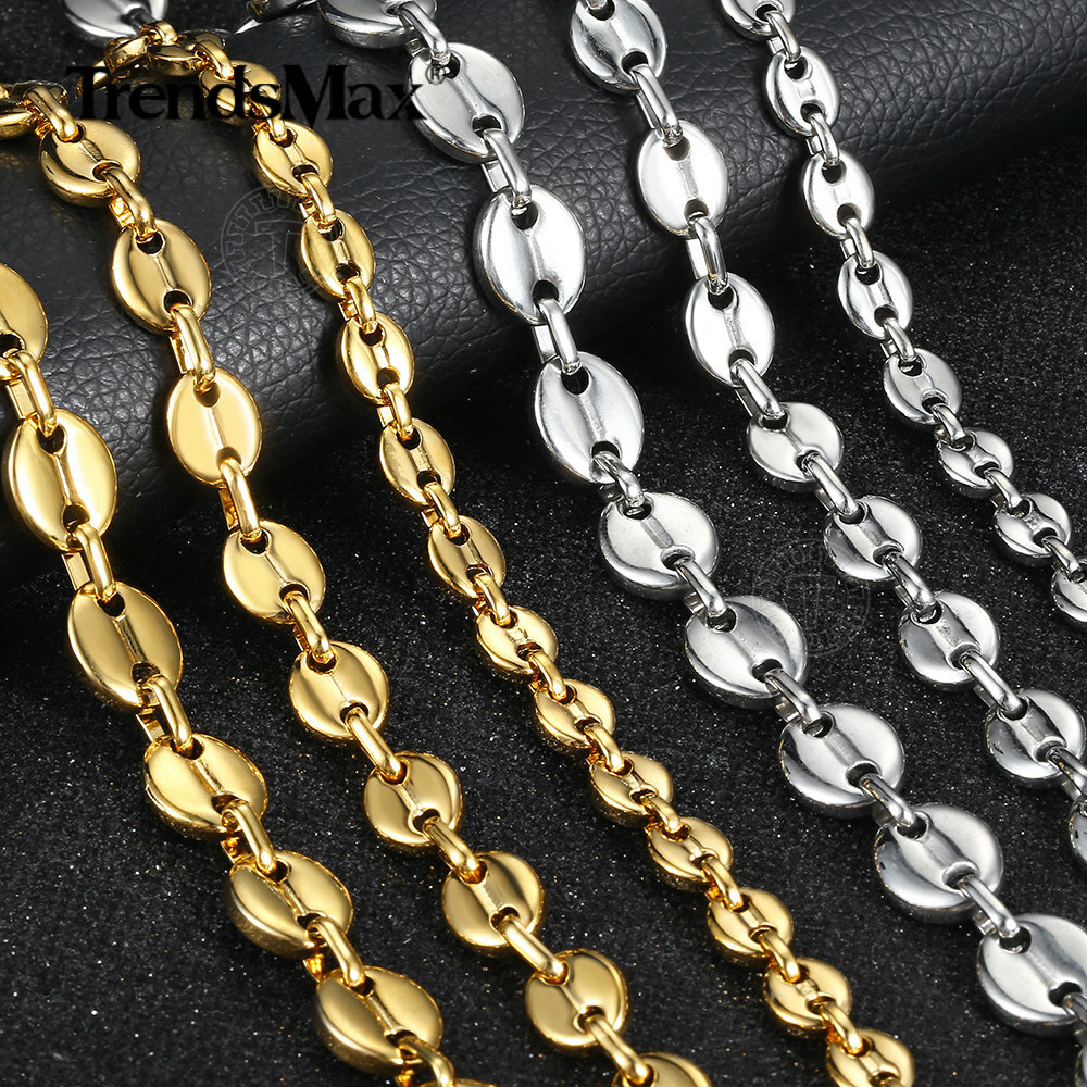 7/9/11mm Gold Plated Stainless Steel Coffee Bean Marina Link Bracelet/Necklace