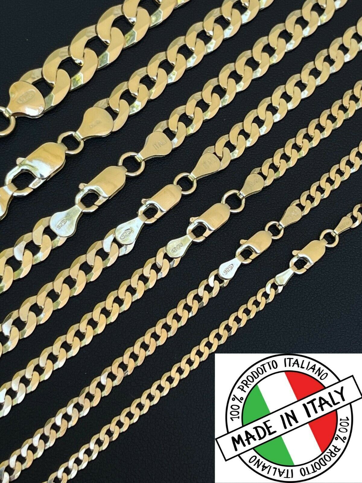 REAL Solid 925 Silver 14k Gold Plated Flat Cuban Link Chain Necklace 3mm – 11mm