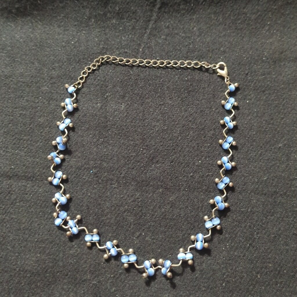 Silver Tone Ball and Bar Chain with Blue Beads Choker Statement Necklace