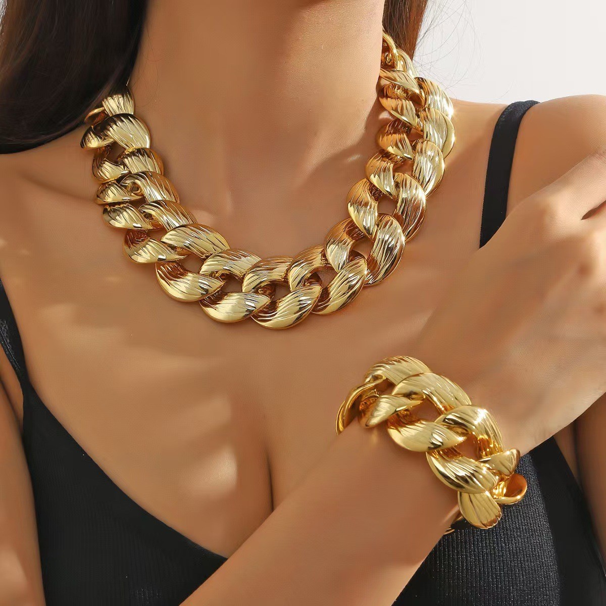 Hip Hop Chunky Chain Necklace Bracelet Set 2Pcs Silver Fashion Jewelry