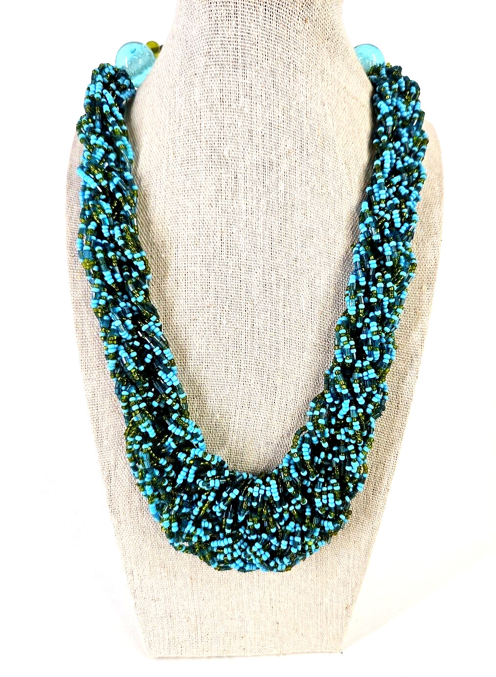 Vintage Woven Sparkly Blue Green Gold Seed Beaded Fashion Necklace 18 inch