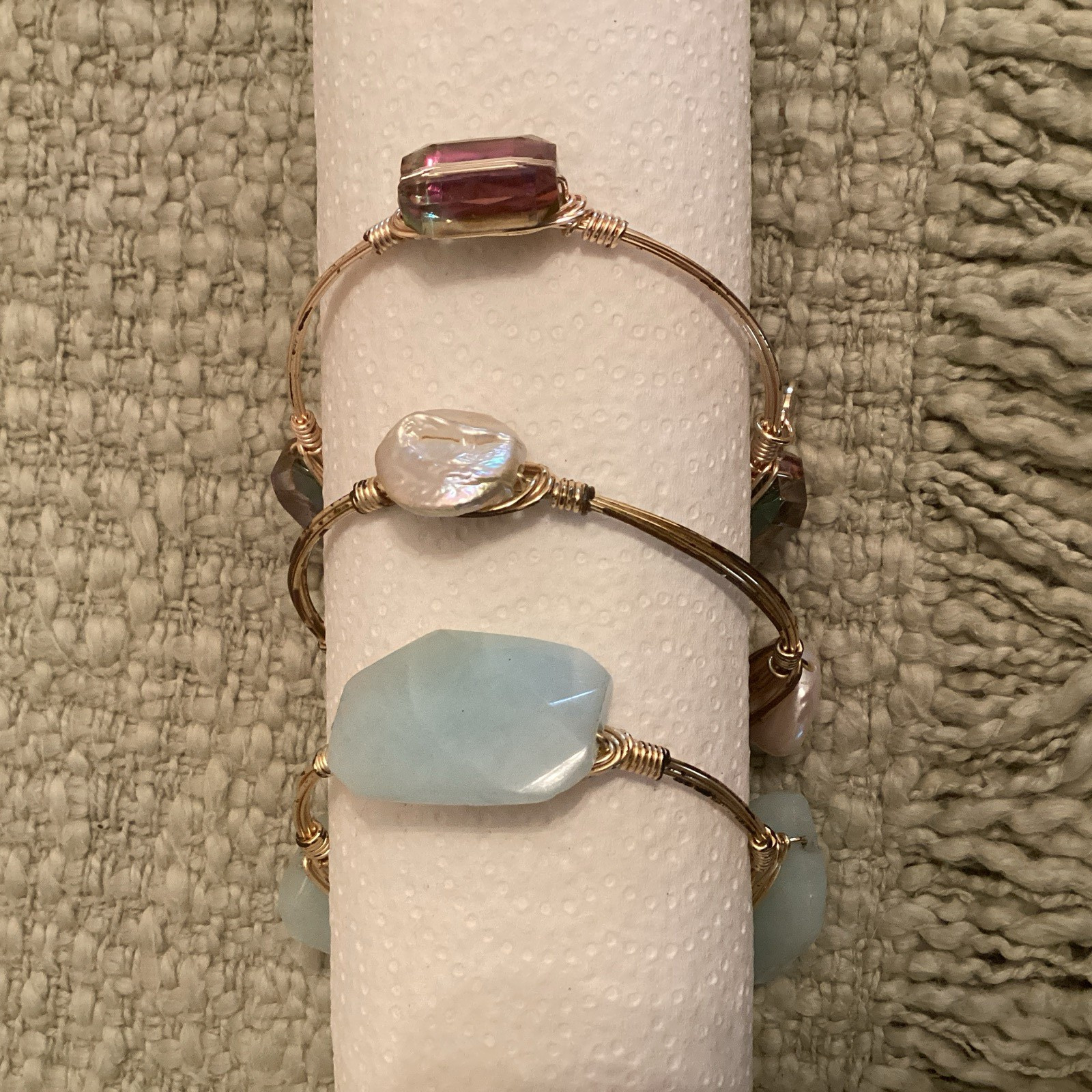 Bourbon and Boweties Set of 3 Gold Tone Wire Bangles Blue Stone Pearl Signed