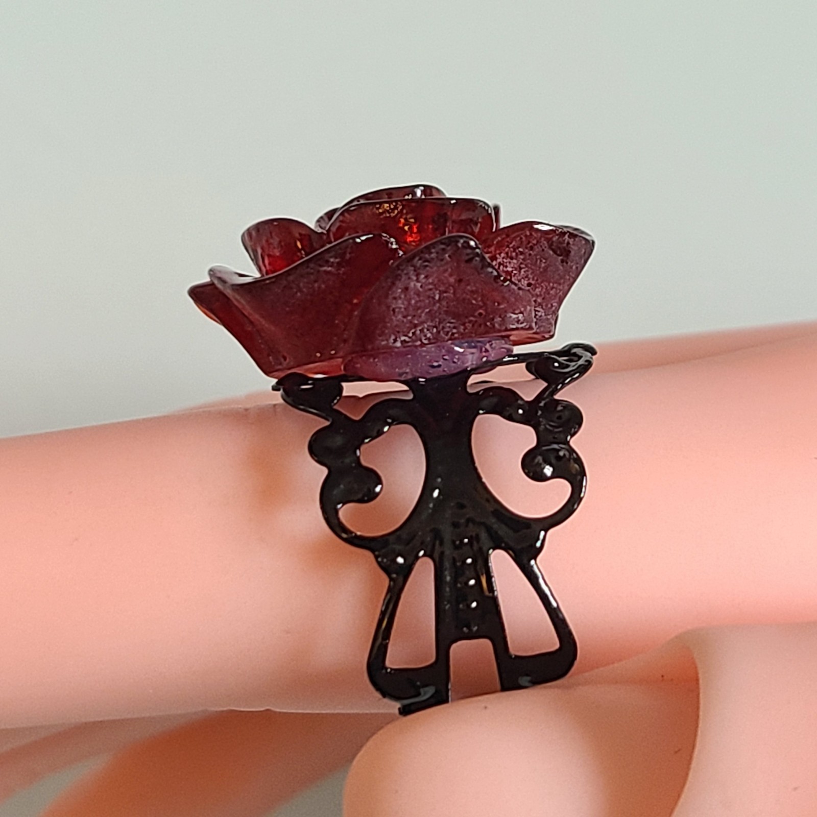 Deep Red Resin 3D Rose Ring • Black Metal Filigree Adjustable Band Gothic Style
