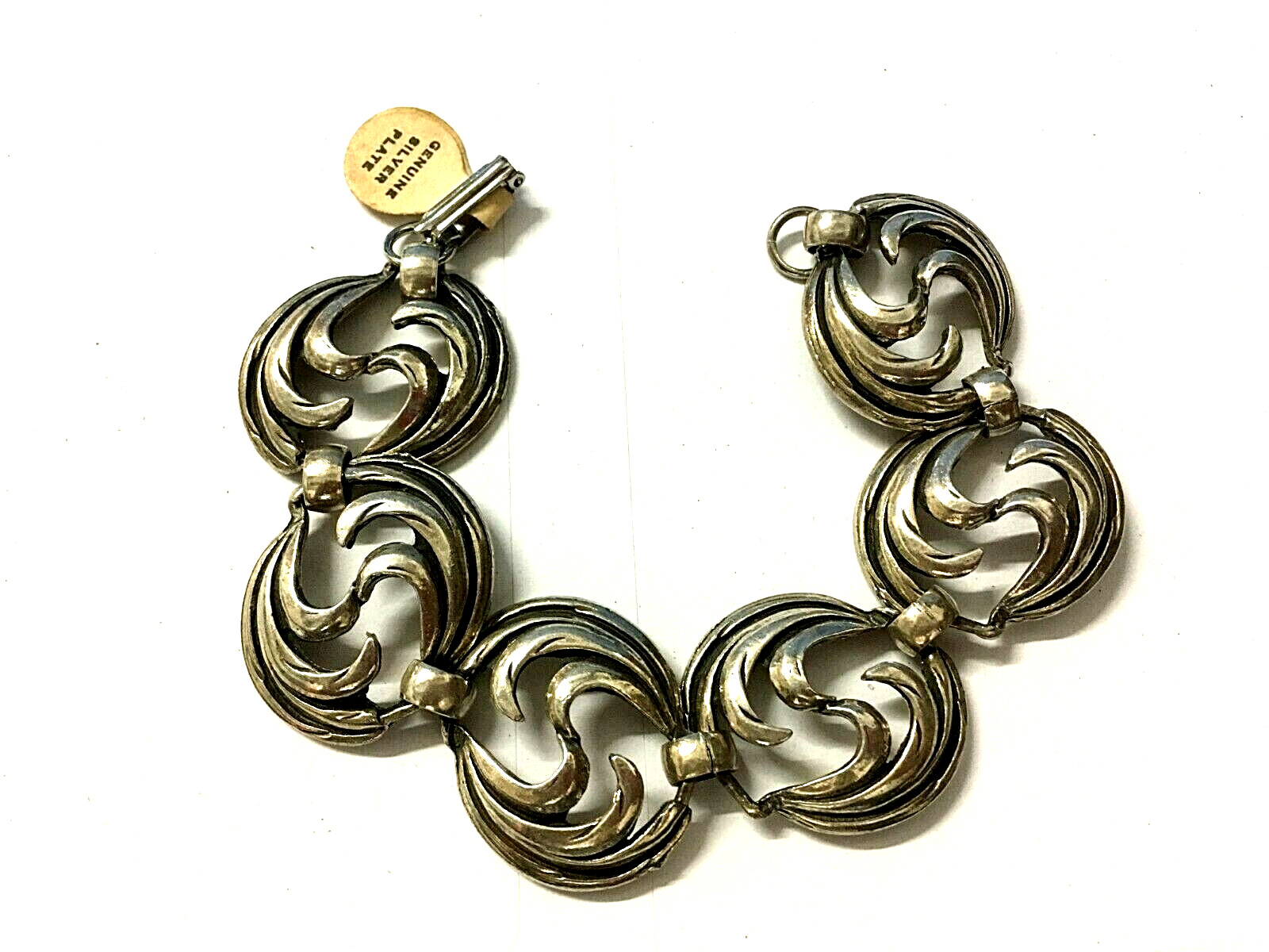 Vintage Silver Tone Swirl Link Bracelet Genuine Silver Plate 7″ x 1″ Wide