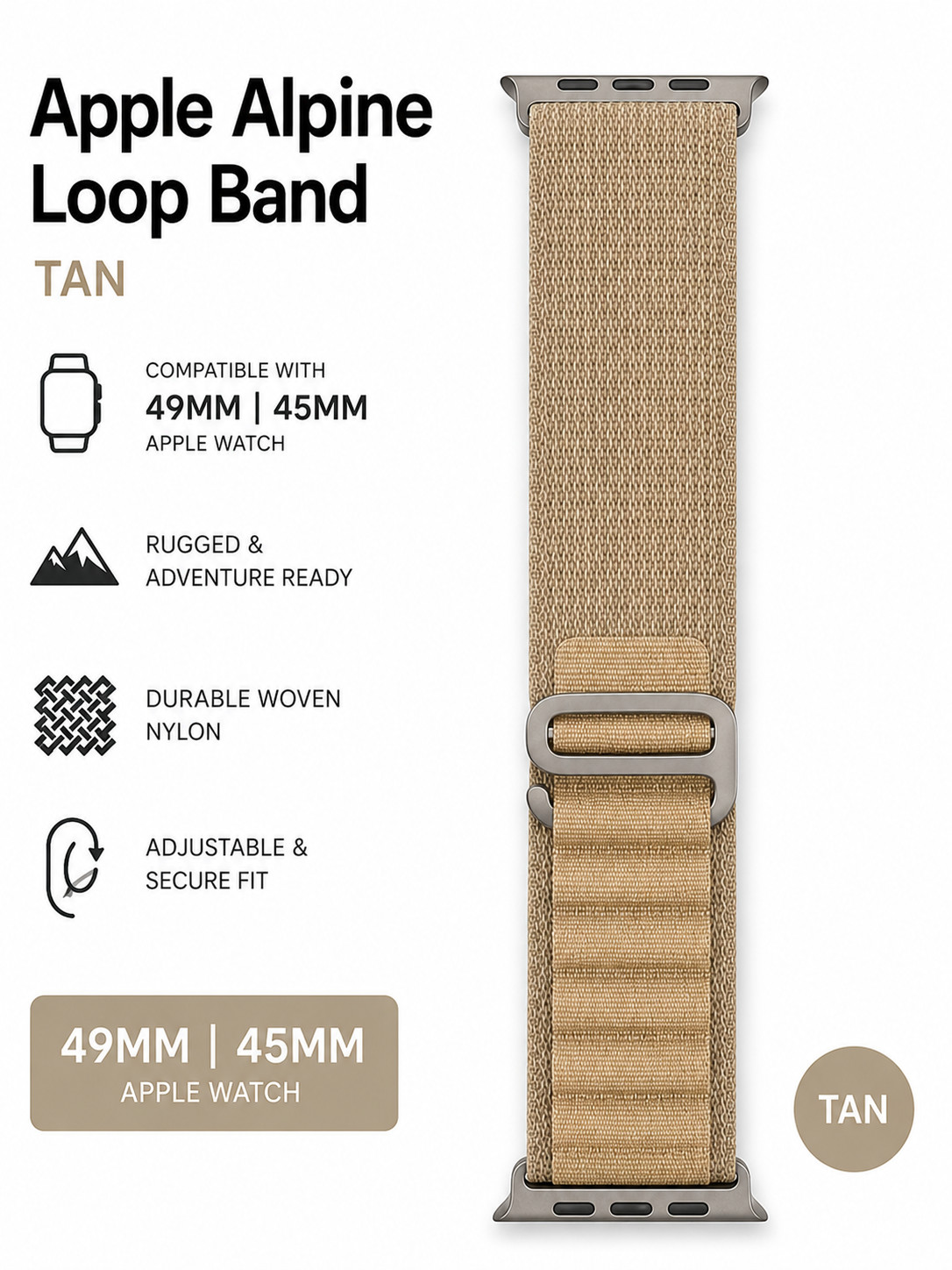 Genuine Apple Watch Band 49mm 45mm Medium Alpine Loop TAN With Titanium Finish