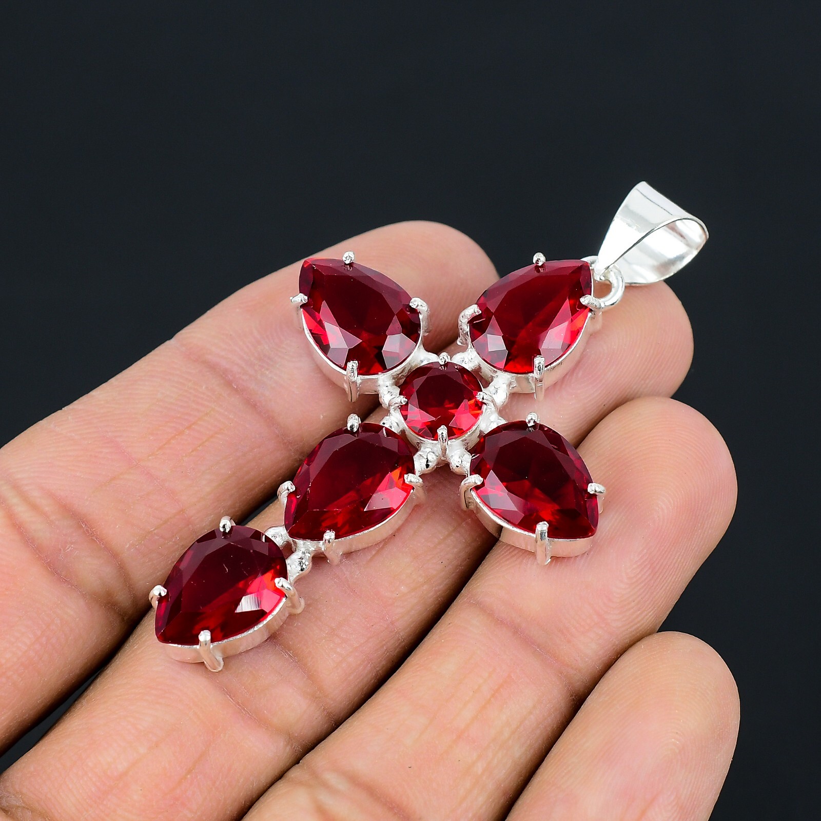Garnet Ethnic Handmade Cross Design Pendant Jewelry Party Wear 2.6″ CP 007