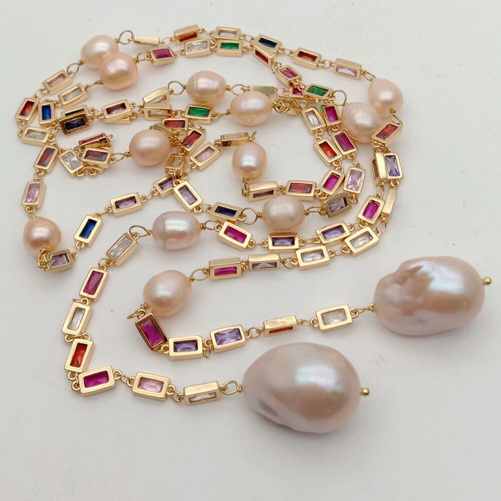 50″ Cultured Pink Keshi Pearl Mixed Color Rectangle Cz Pave Long Chain Necklace