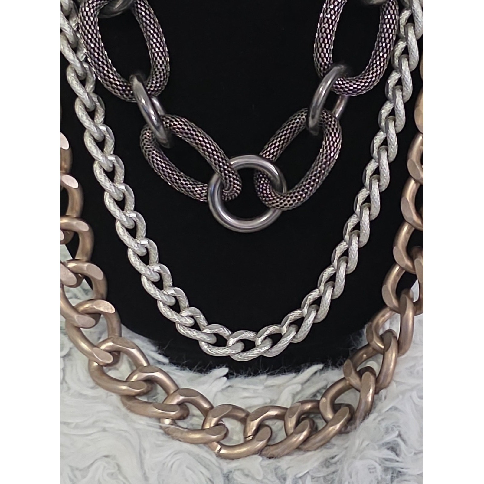 Chunky Large Long Statement Necklace Mixed Metals Layered Chains Textured Heavy