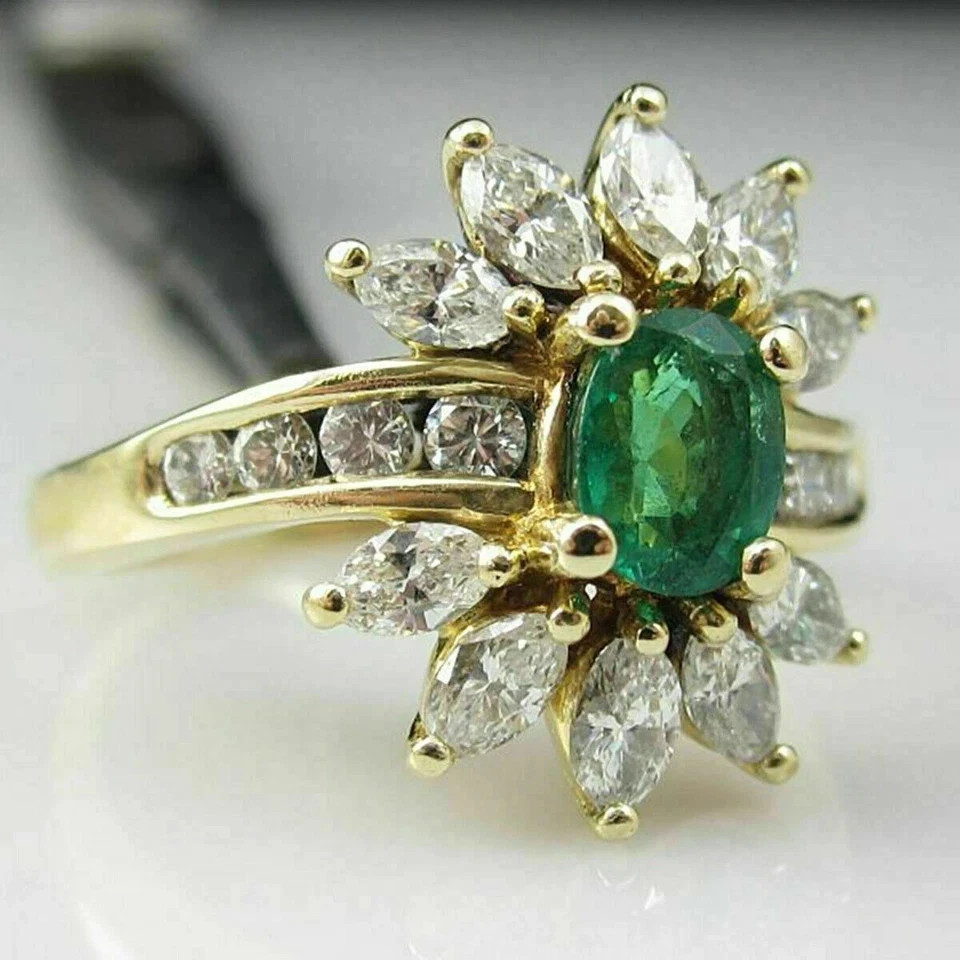 2.00 Ct Oval Cut Natural Emerald & Diamond Wedding Ring 14K Yellow Gold Size 7