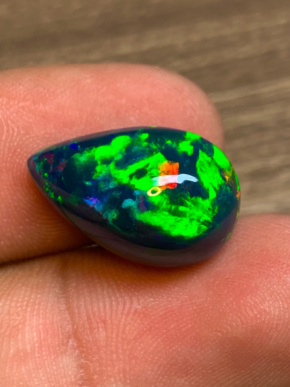 7.7ct Multi-Fire Ethiopian Black Welo Opal Pear Cabochon Statement Jewelry