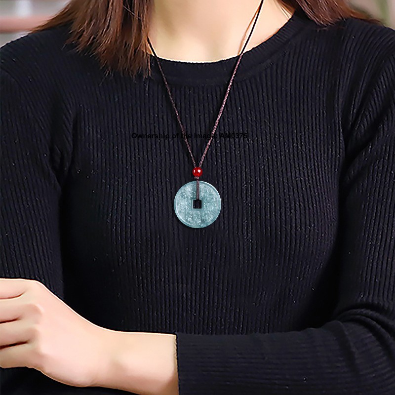 Natural Grade A Jade Jadeite Blue Green Pot Coin-Shaped Keep Safe Pendant