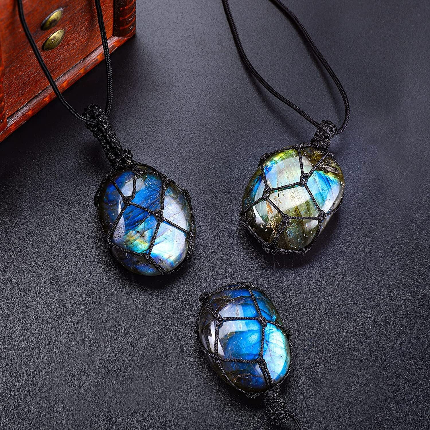 Natural Labradorite Pendant Necklaces Dragon’s Heart Braided Cord Necklace Gifts